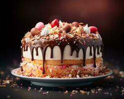 ein Kuchen mit Schokolade Glasur und Sträusel auf oben generativ ai foto