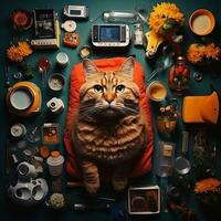 ein Katze Sitzung auf ein Kissen umgeben durch verschiedene Artikel generativ ai foto