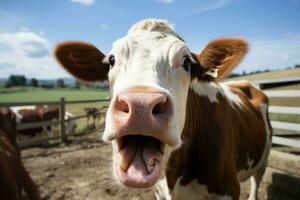 ein schließen oben von ein Kuh mit es ist Mund öffnen generativ ai foto