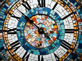 ein schließen oben von ein Mosaik Uhr mit römisch Ziffern generativ ai foto