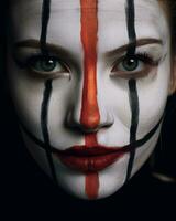 ein schließen oben von ein Frauen Gesicht gemalt mögen ein Clown generativ ai foto