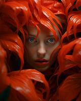 ein schließen oben von ein Frau mit rot Blumen im ihr Haar generativ ai foto