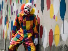 ein Clown tragen ein bunt Outfit Stehen im Vorderseite von ein Mauer generativ ai foto