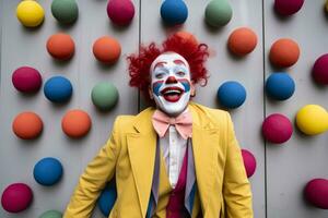 ein Clown im Vorderseite von ein Mauer von bunt Bälle generativ ai foto