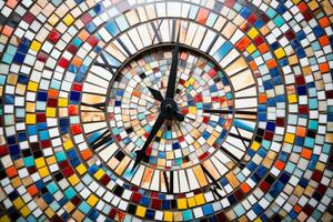 ein bunt Mosaik Uhr mit römisch Ziffern generativ ai foto