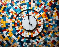 ein bunt Mosaik Mauer mit ein Uhr auf es generativ ai foto