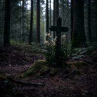 ein Kreuz im das Mitte von ein dunkel Wald generativ ai foto