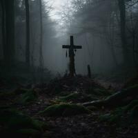 ein Kreuz sitzt im das Mitte von ein nebelig Wald generativ ai foto