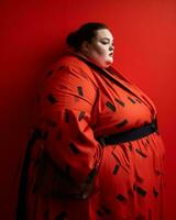 ein Fett Frau im ein rot Kleid gegen ein rot Hintergrund generativ ai foto
