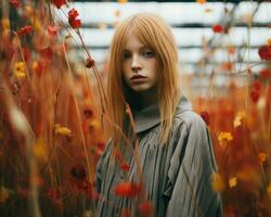 ein Mädchen mit rot Haar Stehen im ein Feld von Blumen generativ ai foto