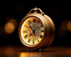 ein golden Alarm Uhr auf ein schwarz Hintergrund generativ ai foto