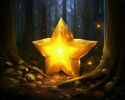 ein golden Star im das Wald mit Glühwürmchen generativ ai foto