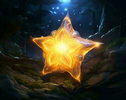 ein golden Star im das Wald mit ein glühend Licht generativ ai foto