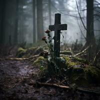 ein Friedhof mit ein Kreuz im das Mitte von das Wald generativ ai foto