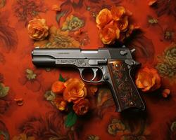ein Gewehr Sitzung auf oben von ein Blumen- gemustert Hintergrund generativ ai foto
