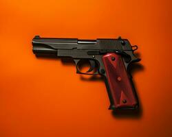 ein Gewehr auf ein Orange Hintergrund mit ein rot Griff generativ ai foto