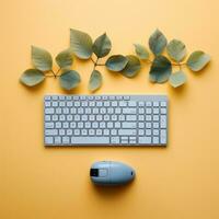 ein Tastatur und Maus auf ein Gelb Hintergrund generativ ai foto