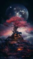 ein Haus mit ein Baum im Vorderseite von ein voll Mond generativ ai foto