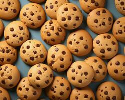 ein groß Gruppe von Schokolade Chip Kekse auf ein Blau Hintergrund generativ ai foto