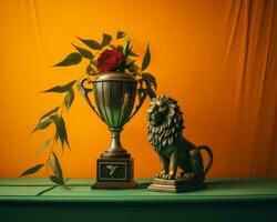 ein Löwe und ein Trophäe auf ein Tabelle mit ein Rose im Vorderseite von es generativ ai foto