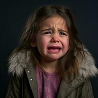 ein wenig Mädchen ist Weinen im Vorderseite von ein schwarz Hintergrund generativ ai foto