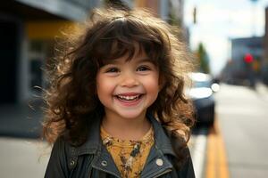 ein wenig Mädchen mit lockig Haar ist lächelnd auf das Straße generativ ai foto