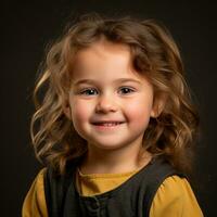 ein wenig Mädchen mit lockig Haar lächelnd zum das Kamera generativ ai foto