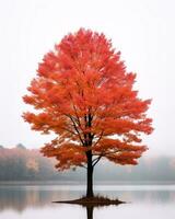 ein einsam Baum im das Mitte von ein See mit rot Blätter generativ ai foto