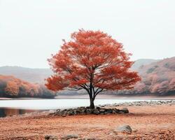 ein einsam Baum im das Mitte von ein See mit rot Blätter generativ ai foto