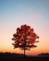 ein einsam Baum steht im das Mitte von ein Feld beim Sonnenuntergang generativ ai foto