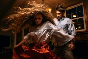 ein Mann und Frau sind Tanzen im ein Leben Zimmer generativ ai foto