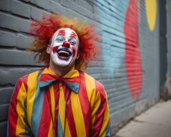 ein Mann im ein Clown Kostüm ist lächelnd generativ ai foto