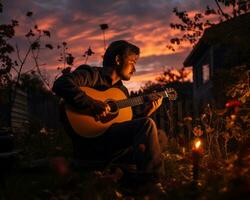 ein Mann spielen ein akustisch Gitarre beim Sonnenuntergang generativ ai foto