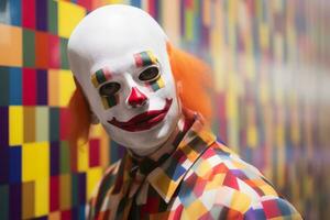 ein Mann tragen ein Clown Maske im Vorderseite von ein bunt Mauer generativ ai foto