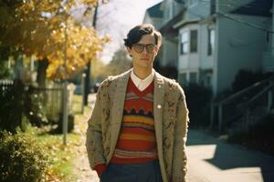 ein Mann tragen Brille und ein Sweatshirt Stehen auf ein Bürgersteig generativ ai foto