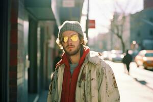 ein Mann tragen Sonnenbrille und ein Jacke auf ein Stadt Straße generativ ai foto