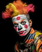 ein Mann mit ein Clown Gesicht gemalt auf seine Gesicht generativ ai foto
