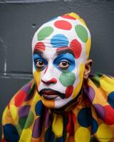 ein Mann mit ein Clown Gesicht gemalt im bunt Polka Punkte generativ ai foto