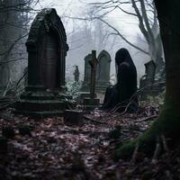 ein Person im ein schwarz Mantel Sitzung im ein Friedhof generativ ai foto