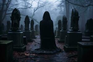 ein Person im ein schwarz Mantel Stehen im ein Friedhof beim Nacht generativ ai foto
