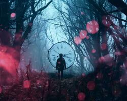 ein Person Gehen durch ein dunkel Wald mit ein groß Uhr generativ ai foto