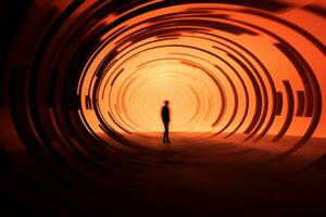 ein Person Gehen durch ein Tunnel mit Orange und schwarz Beleuchtung generativ ai foto