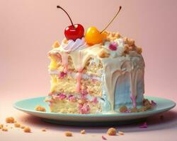 ein Stück von Kuchen auf ein Teller mit ein Kirsche auf oben foto