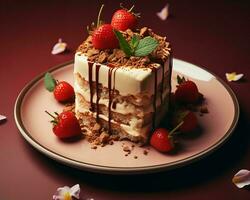 ein Stück von Kuchen auf ein Teller mit Erdbeeren generativ ai foto