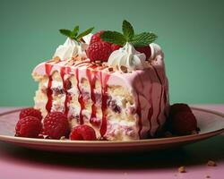 ein Stück von Kuchen mit Himbeeren auf oben generativ ai foto