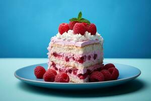 ein Stück von Kuchen mit Weiß Glasur und Himbeeren generativ ai foto