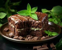 ein Stück von Schokolade Brownie mit Minze Glasur und Schokolade Chips generativ ai foto