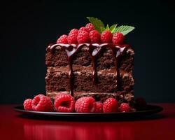 ein Stück von Schokolade Kuchen mit Himbeeren auf ein schwarz Teller generativ ai foto