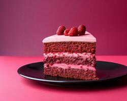 ein Stück von rot Samt Kuchen mit Himbeeren auf ein schwarz Teller generativ ai foto