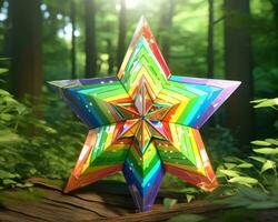 ein Regenbogen farbig Papier Star im das Wald generativ ai foto